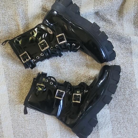 Black Patent Faux Leather Combat Boots - Picture 5 of 6